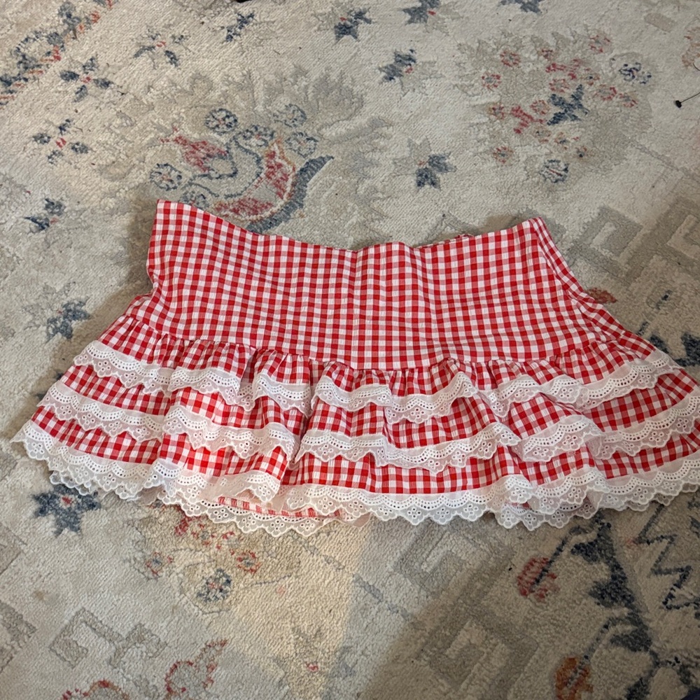 SHEIN Red Checkered Mini Skirt with Lace
